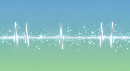 Heartbeat line with abstract geometric shapes on blue and green background.