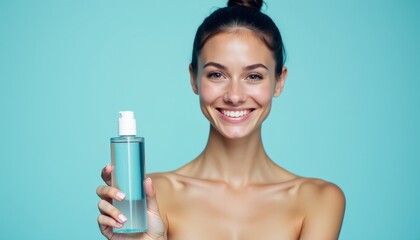 Bright and inviting shot of a young woman with a genuine smile holding a clear skincare product on light blue
