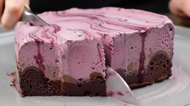 Layered dessert with purple ice cream and chocolate brownie