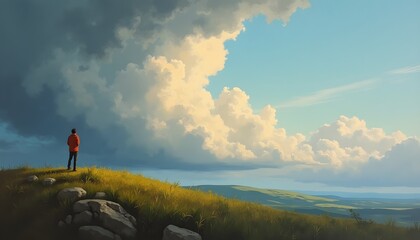 Man in orange jacket on grassy hill overlooking landscape