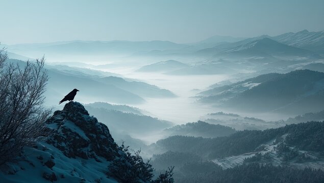 Solitary crow perched on snowy peak overlooking misty mountains - Powered by Adobe