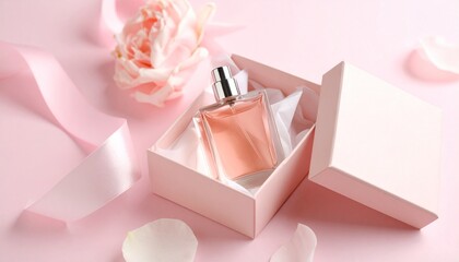An elegant bottle of women's perfume resting in a soft pink gift box, adorned with a delicate ribbon and a fresh flower for a special occasion