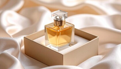 Elegant perfume bottle with a golden liquid essence, nestled in a sophisticated gift box and set upon a delicate, flowing satin fabric, radiating an aura of luxury and timeless beauty
