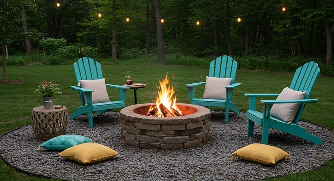 Cozy Backyard Fire Pit Scene with Teal Adirondack Chairs and String Lights