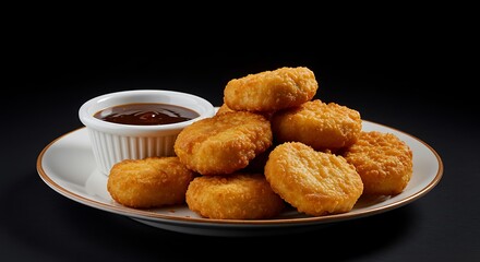 Crispy golden chicken nuggets piled high on a white plate with a dipping sauce
