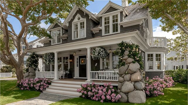 Low-angle shot of a mixed stone and wood faÃ§ade, vine-clad porch, and vibrant landscaping, conveying cozy countryside charm in suburbia  