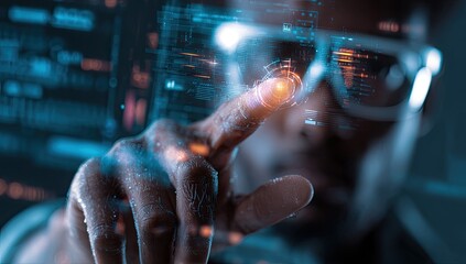 Focused developer interacts with holographic interface in a dark server room