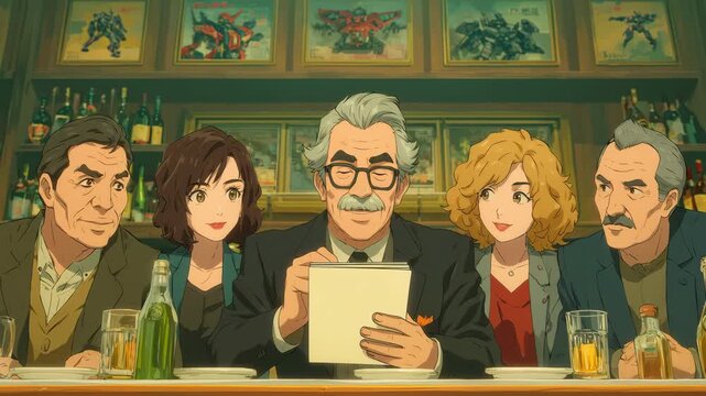 Nostalgic mockumentary reunion dinner &mdash; slow dolly-in on a warm-lit 90s mecha collectors' roundtable as a mustached host reads notes