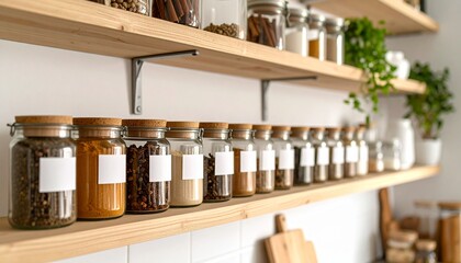 Organized Pantry Spices and Dry Goods in Glass Jars on Wooden Shelves