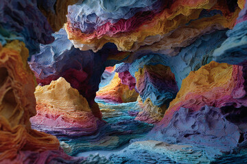 Colorful rock formations in a cave, an abstract landscape of geological wonders and vibrant colors, a