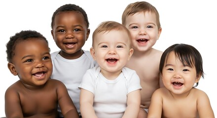 Diverse group of happy babies smiling together on a white background