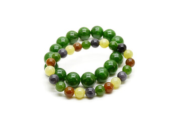 Nephrite jade bracelet isolated on white background. Natural Green and Multi Colors color Russian Nephrite jade. Siberian jade