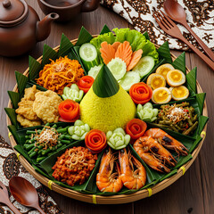 Tumpeng Celebration Dish with Full Assorted Side Dishes