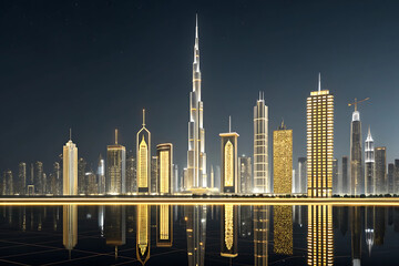 Fototapeta premium A night view of Toronto and Dubai skylines reflecting on the river, with a skyscraper and city buildings, is an urban travel landmark