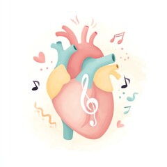 Obraz premium A whimsical illustration of a human heart adorned with musical notes, symbolizing the rhythm of life and love.