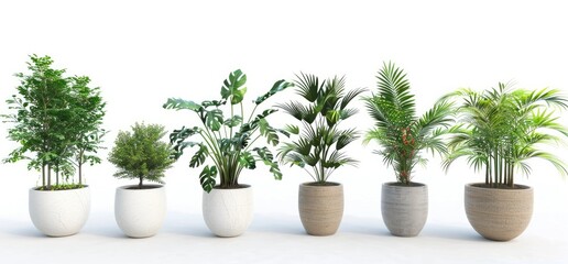 Set of plants in pots isolated on white background, collection of potted houseplants such as planters with marble and concrete texture