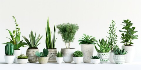 Set of potted plants in different sizes and types isolated on white background, minimalistic style, flat lay composition, high resolution photography
