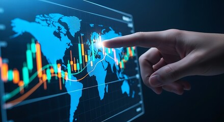 Fingertip touching global financial market data on digital screen with world map