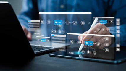AI workflow automation concept. artificial intelligence software, Businessman uses AI Agent with...