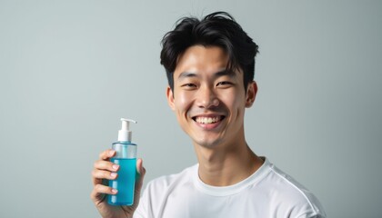 Professional portrait of a young Asian male with a confident smile showcasing a blue cosmetic or health product