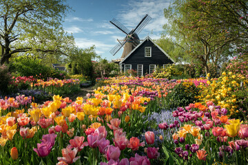 Charming garden with colorful tulips and a traditional windmill, creating a picturesque scene in the dutch countryside during spring