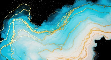 Fluid turquoise, gold, and white abstraction against a stark black background