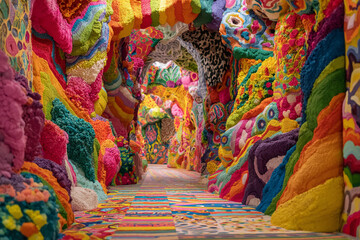A vibrant crochet tunnel art installation with colorful yarn textures and patterns creating a unique and immersive experience