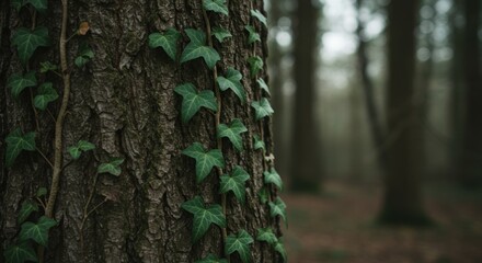 Textured tree trunk with vibrant ivy climbing it, misty forest background fades into the distance