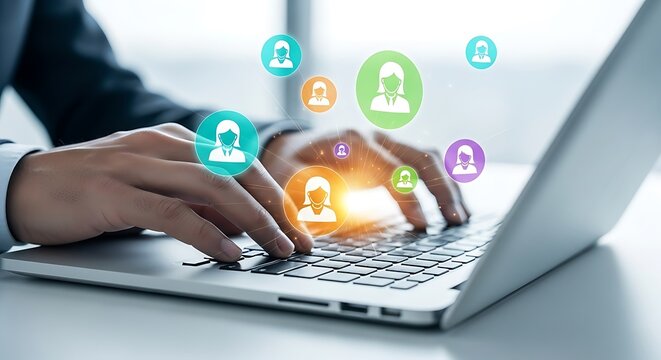 Close up of person's hands typing on a laptop keyboard with glowing social media icons above