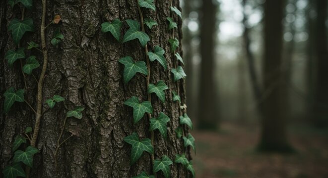 Textured tree trunk with vibrant ivy climbing it, misty forest background fades into the distance