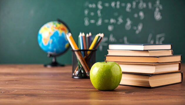 School desk with books, apple, globe, and pencils