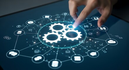 Fingers interacting with a futuristic digital interface showing interconnected gears and global network icons