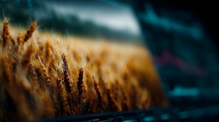 Data dashboard monitoring a field of golden wheat