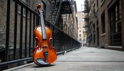 Violin resting against a railing in an urban alleyway 