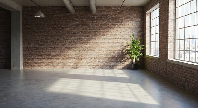 Empty loft interior with exposed brick walls, concrete floor, and large windows