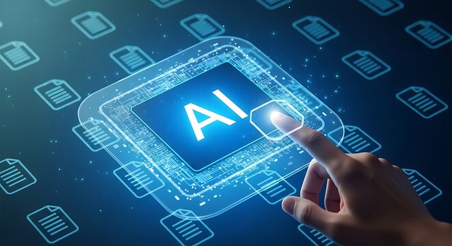 Human finger touches glowing ai chip symbol on futuristic digital network interface