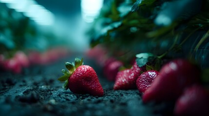 Fresh ripe strawberries growing in a lush garden
