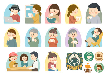 コーヒーを楽しむ人々のイラストセット、People Enjoying Coffee Illustration Set
