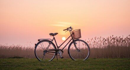 Obraz premium Vintage bicycle at sunset, grassy field, reeds