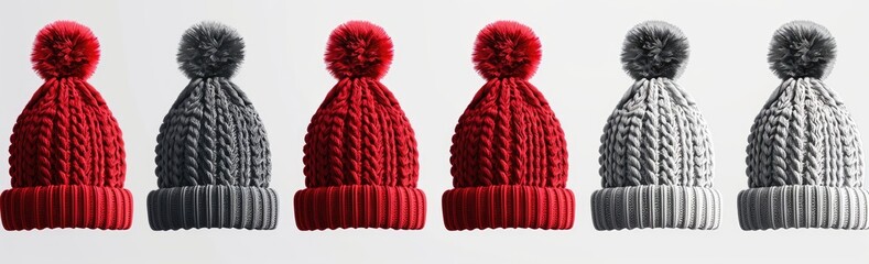 Set of red and grey knitted hat with pom-pom isolated on white background, 3d rendering , studio lighting, high resolution photography, insanely detailed