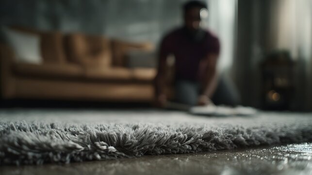 Man mopping the floor in a living room with lighting