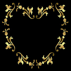 Elegant gold heart-shaped frame with vintage floral ornaments with the write background, red background, black background. A beautiful vector illustration of a decorative heart-shaped frame. 