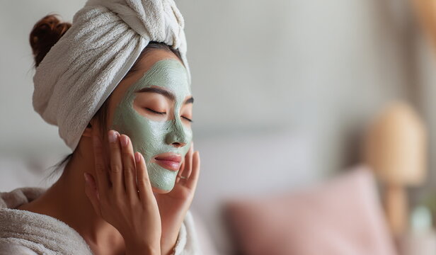 Self-care routine moment — woman with a clay mask holding a mug in cozy surroundings. Wellness and mindfulness blend in one gentle scene. - Powered by Adobe