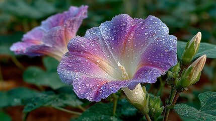 Fototapeta premium Macro Photography of Purple Morning Glory with White and Pink Center, Surrounded by Fresh Green Foliage and Soft Sunlight 