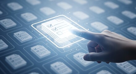 Close up of a hand touching a glowing digital interface with abstract blue data patterns in the background