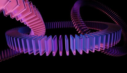 3D illustration showing black 3D background, neon light holographic gradient, abstract crystal pattern, blue purple caustic effect, and glass chromatic cube block shapes render