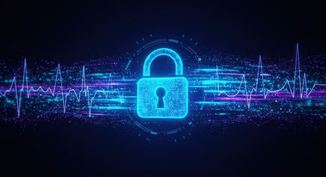A digital blue padlock icon glows prominently, centered in a dark background, with waves of data particles, and sound waves, suggesting security