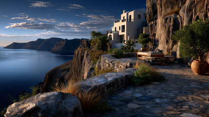 A luxurious villa with a terrace on a cliffside overlooking the sea at sunrise