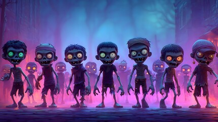 A cartoon horde of zombies with glowing eyes walking forward in a spooky purple lit environment halloween art