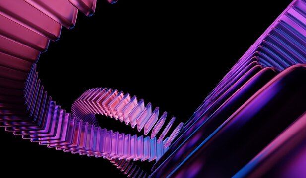 3D illustration showing black 3D background, neon light holographic gradient, abstract crystal pattern, blue purple caustic effect, and glass chromatic cube block shapes render - Powered by Adobe